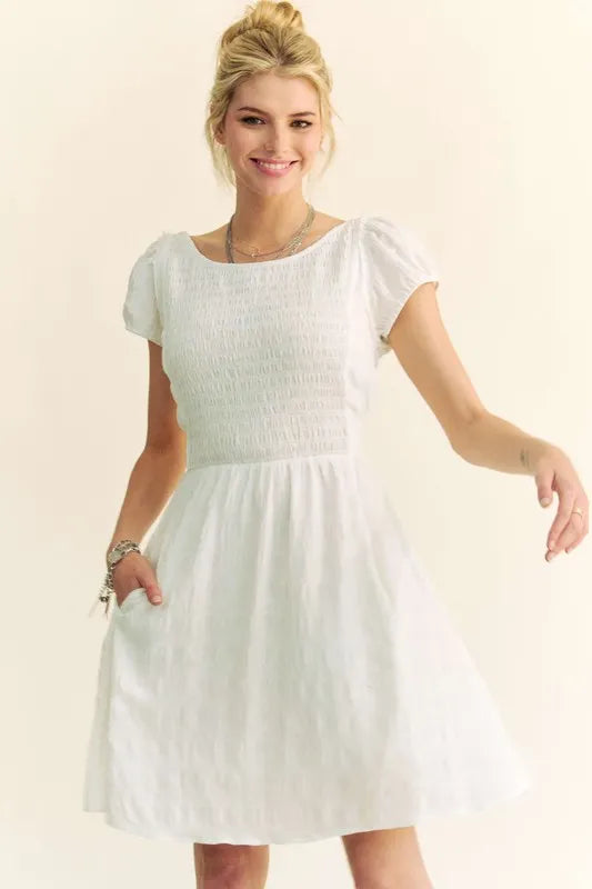 Davi & Dani Crossed Back Short Sleeve Dress with Pockets