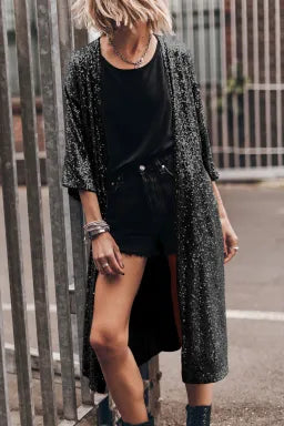 Black Sequin 3/4 Sleeve Kimono