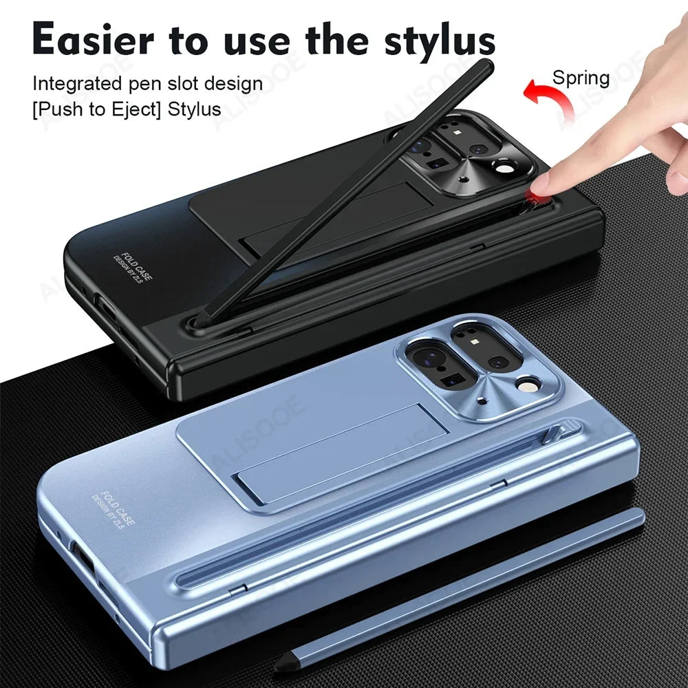 Google Pixel 9 Pro Fold encased in the Stylus Touch Pen Case, showing the hinge protection and convenient stylus holder.