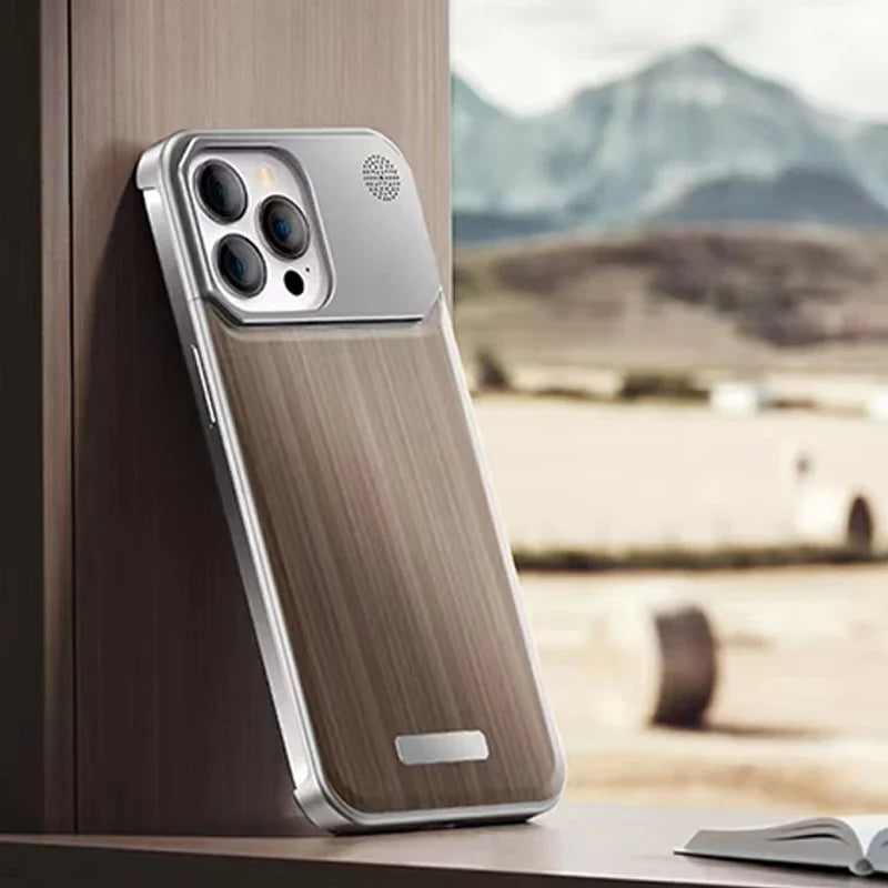Image of the Metal Walnut Frameless Cover showcasing its genuine walnut wood and sleek metal design on an iPhone.