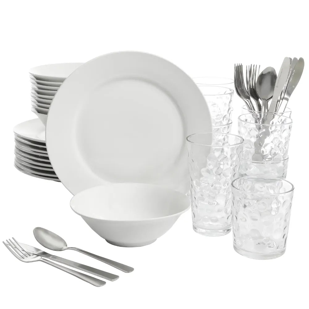 48-Piece White Kitchen Basic Essentials Dinnerware Set Dinnerware Sets, Dinner Plates, Plates and Bowls Sets Round Plate