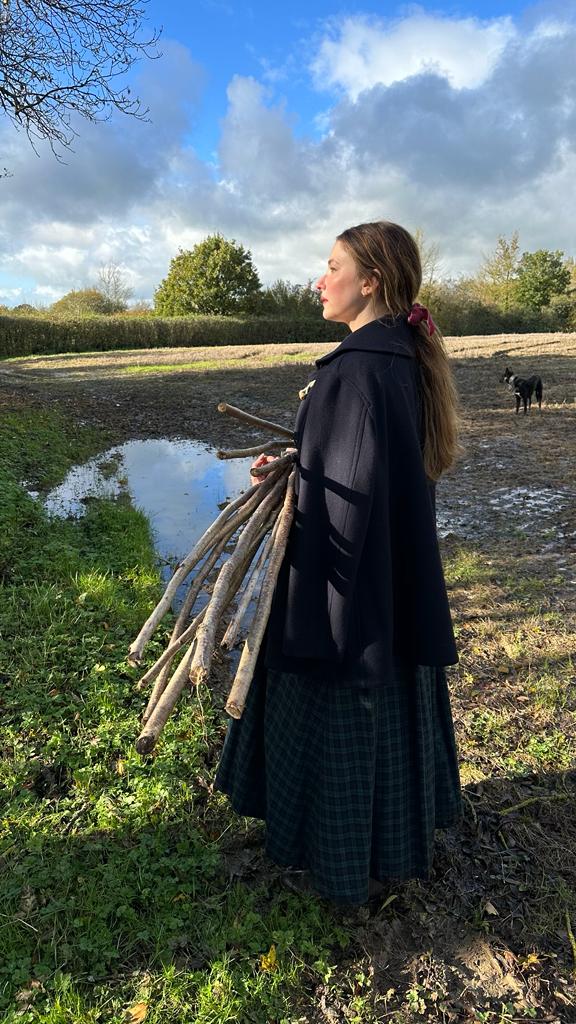 Haley wears the shuffle coat in navy wool