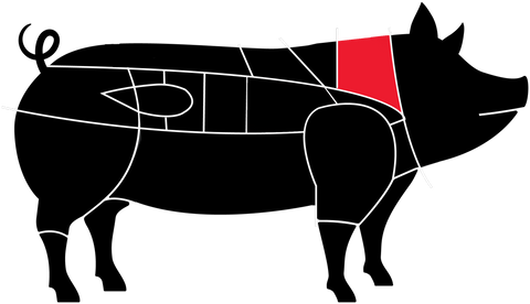 Grafik zum Kammsteak beim Schwein. Der Ort (Nacken) des Steaks ist mit rot gekennzeichnet.