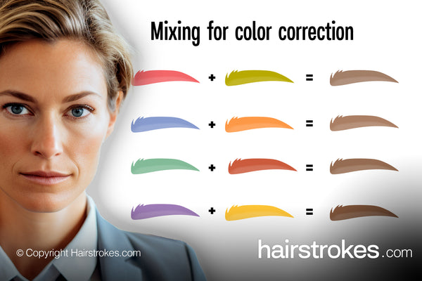 A serious-looking professional woman is on the left, and four color combinations are on the right, targeting the brown brow color.