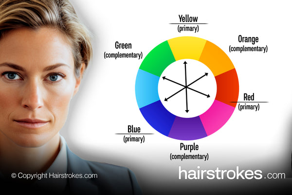 A serious-looking professional woman is on the left, and a color wheel with warm and cold colors and opposite colors is on the right.