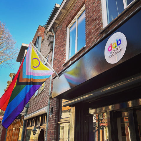 One of our rainbow progress flags hanging from the shop's storefront next to our shop's logo.