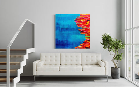 Abstract Landscape. Blue drip background white orange and red stair/ cliff like on right side