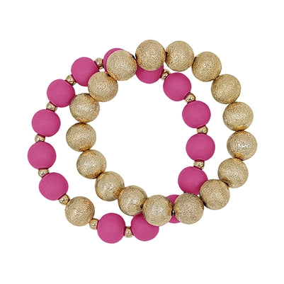 Gold Textured Beaded & Pink Wood Bracelets