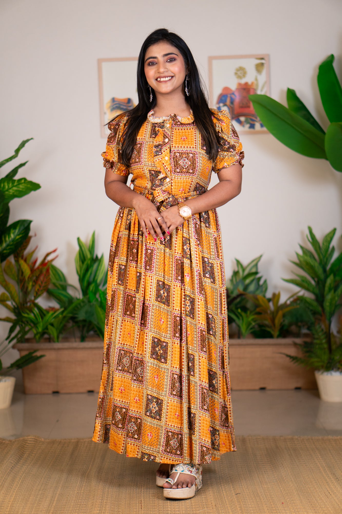 Hyrr Boho bandhani Long maxi gown foil print yellow