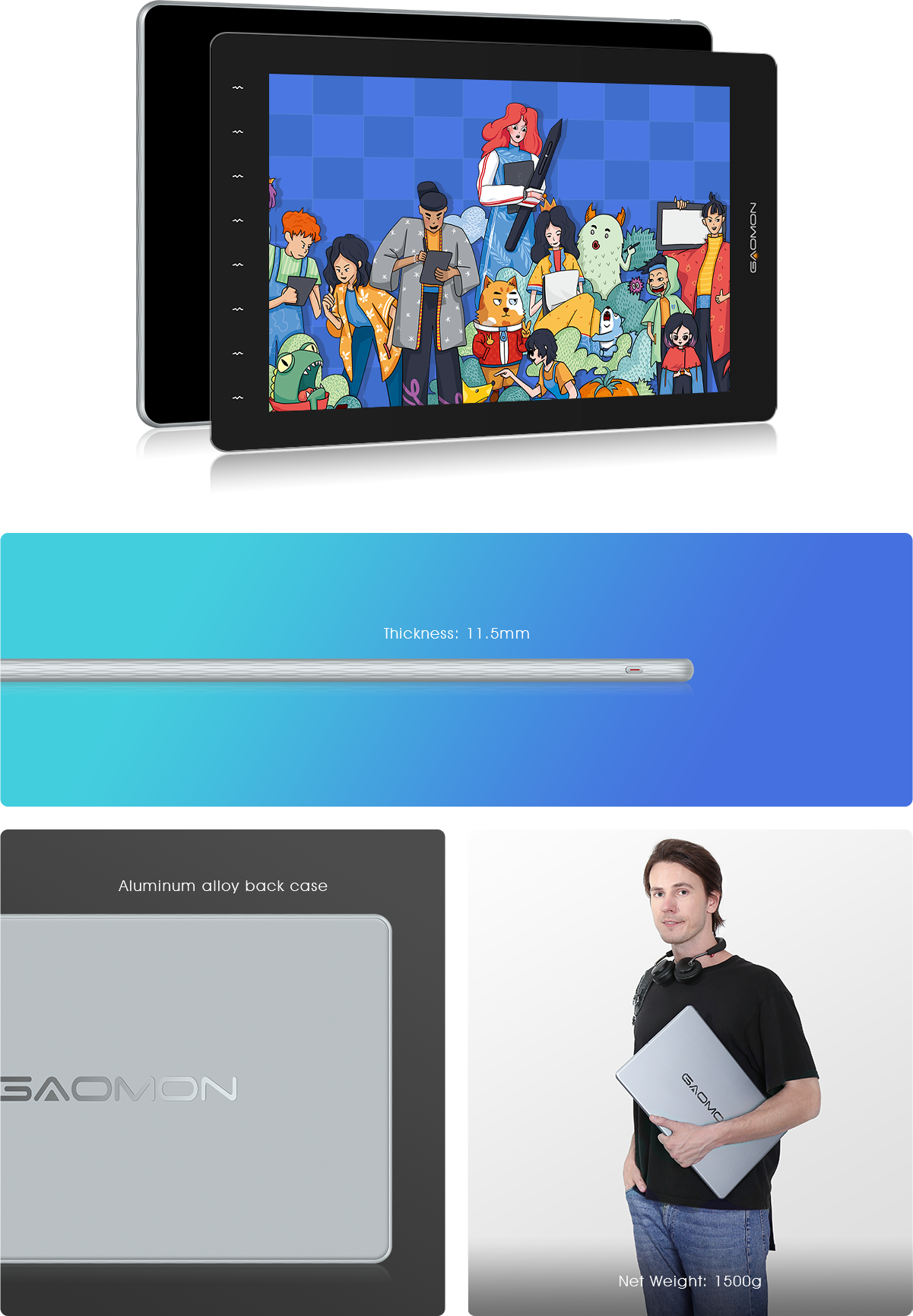 GAOMON PD1620 4K UHD 15,6 Pouces Tablette Graphique avec Écran en Verre AG  Moniteur de Dessin Entière Laminé et 125% sRGB, Stylet Passif à 8192