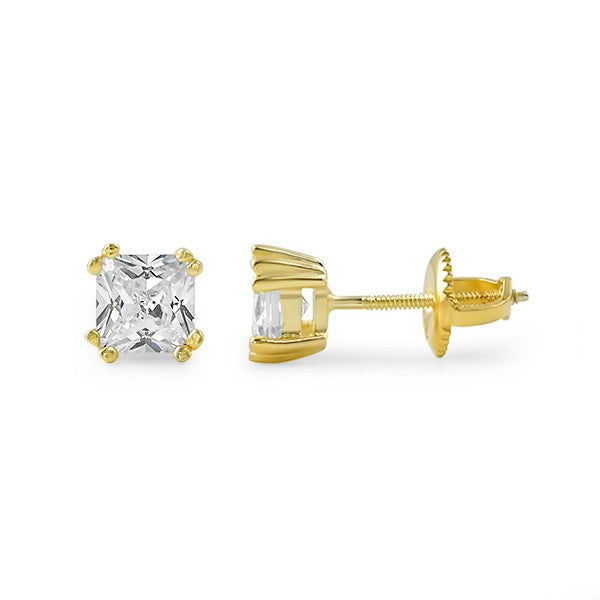 Gold Fancy Princess Cut CZ Studs Screwback – JewelryFresh