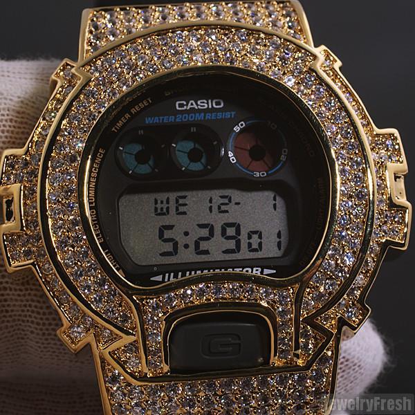 Gold Finish Simulated Diamonds G Shock DW-6900 – JewelryFresh