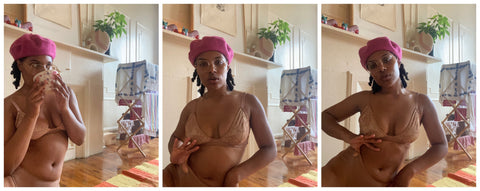 Tara in chilling in an Amour Caché's Cristal Wireless Pocketed Tiger Leavers lace Bralette & Hipster Bottoms on a sunny day in her Brooklyn apartment.