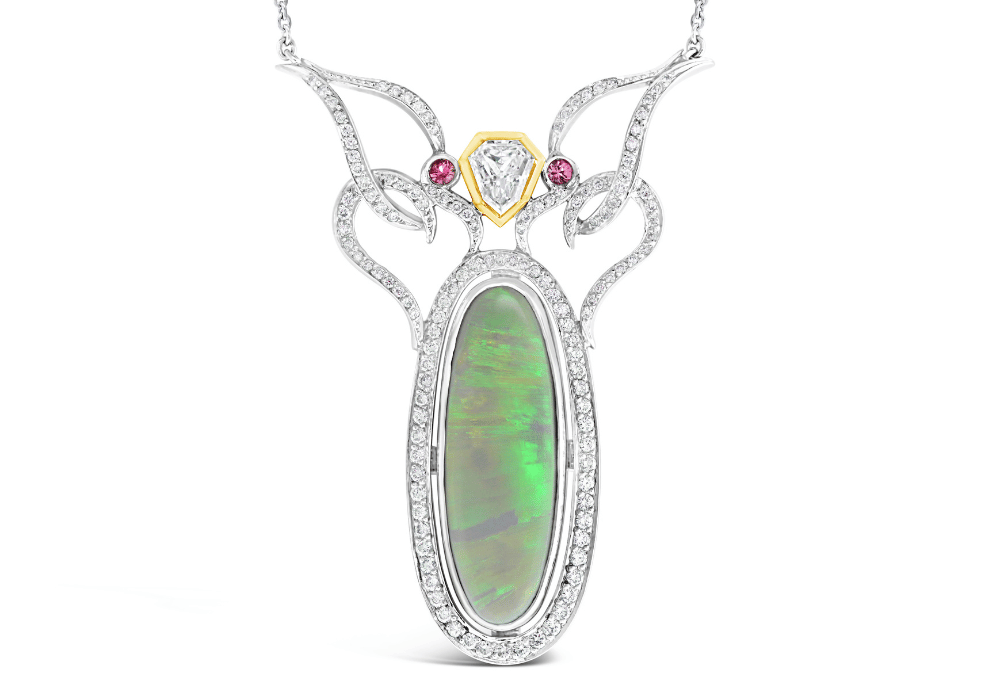 COLOUR AND LIGHT CAPTURED IN AN OPAL Opal, Diamond & Sapphire Pendant