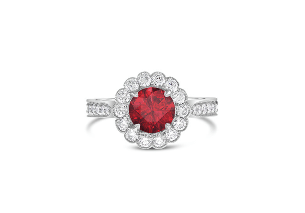 The ruby Engagement ring guide - Image 6 Ruby and Diamond Scalloped Halo Engagement Ring -