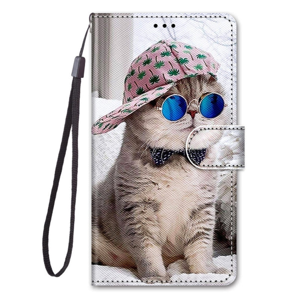 For Samsung Galaxy A8 2018 Coloured Drawing Cross Texture Horizontal...(Oblique Hat Blue Mirror Cat)