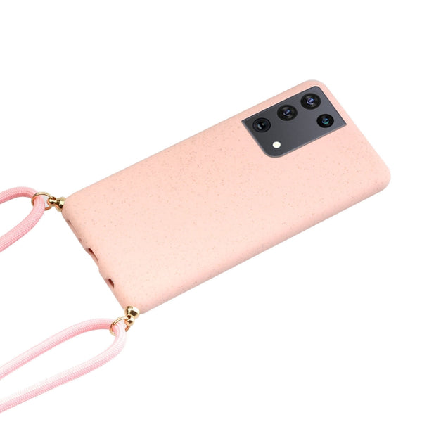 For Samsung Galaxy S21 Ultra 5G Wheat Straw Material TPU Protective Case with Lanyard(Pink)