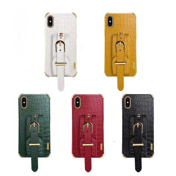 For iPhone X XS Electroplated TPU Crocodile Pattern Leather Case with Wrist Strap(Yellow)
