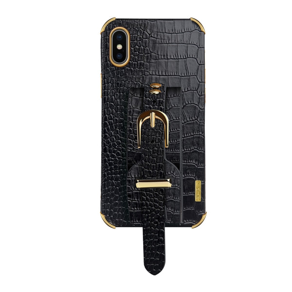 For iPhone X XS Electroplated TPU Crocodile Pattern Leather Case with Wrist Strap(Black)