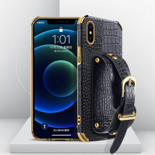 For iPhone X XS Electroplated TPU Crocodile Pattern Leather Case with Wrist Strap(Black)