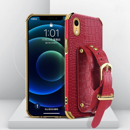 For iPhone XR Electroplated TPU Crocodile Pattern Leather Case with Wrist Strap(Red)