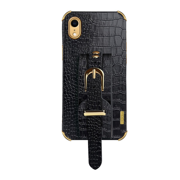 For iPhone XR Electroplated TPU Crocodile Pattern Leather Case with Wrist Strap(Black)