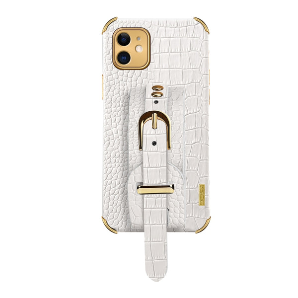 For iPhone 11 Electroplated TPU Crocodile Pattern Leather Case with Wrist Strap (White)