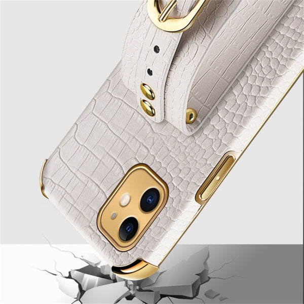 For iPhone 11 Electroplated TPU Crocodile Pattern Leather Case with Wrist Strap (White)