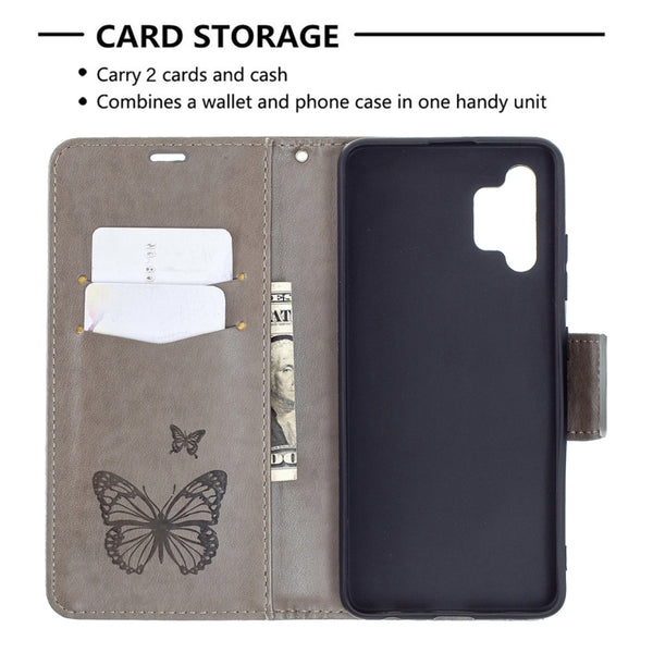 For Samsung Galaxy A32 4G Two Butterflies Embossing Pattern Horizontal Flip Leather Case wi...(Grey)