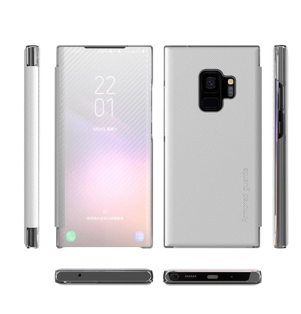 For Samsung Galaxy S9 Carbon Fiber Texture View Time Horizontal Flip Leather Case with Hol...(White)