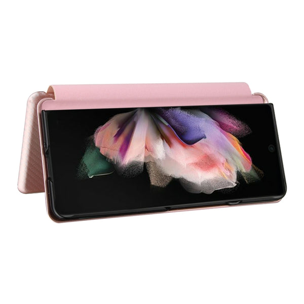 For Samsung Galaxy Z Fold3 5G Carbon Fiber Texture Horizontal Flip TPU PC PU Leather Case w...(Pink)