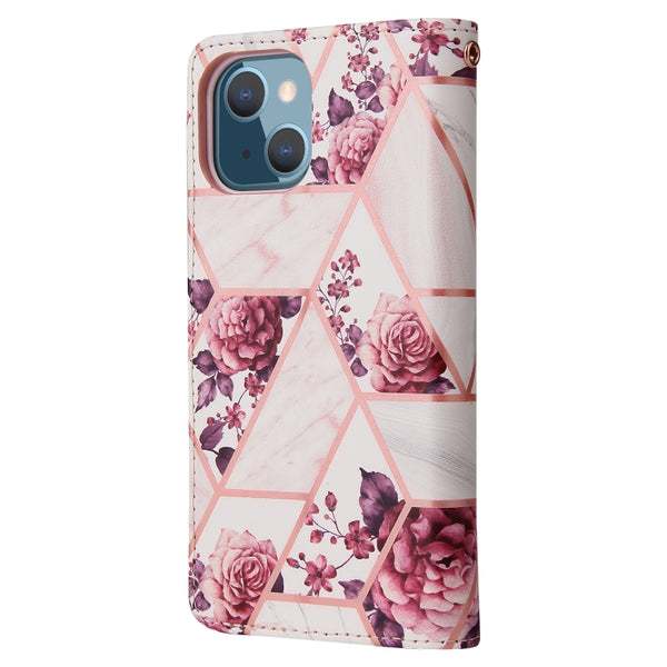 For iPhone 13 Marble Bronzing Stitching Horizontal Flip PU Leather Case with Holder & ...(Rose Gold)