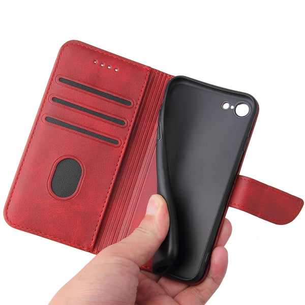 For iPhone SE 2022 SE 2020 8 7 Calf Texture Buckle Horizontal Flip Leather Case with Holder ...(Red)