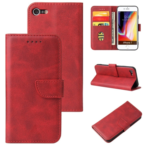 For iPhone SE 2022 SE 2020 8 7 Calf Texture Buckle Horizontal Flip Leather Case with Holder ...(Red)