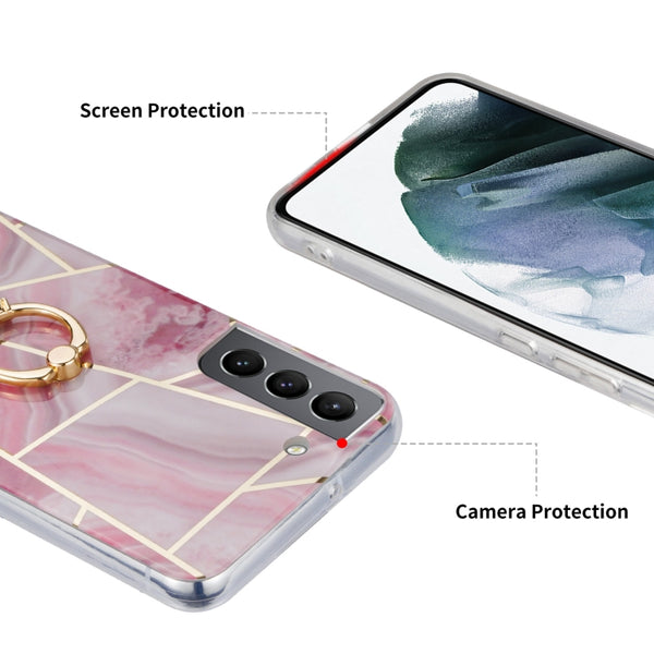 For Samsung Galaxy A42 5G Electroplating IMD Marble TPU Phone Case with Ring(Light Pink Grey)
