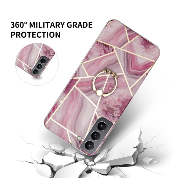 For Samsung Galaxy A42 5G Electroplating IMD Marble TPU Phone Case with Ring(Rose Red)