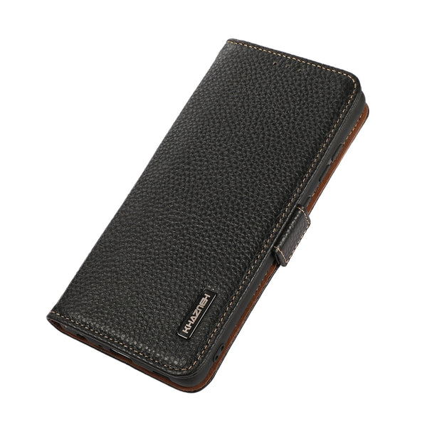 For iPhone 14 Pro Max KHAZNEH Side-Magnetic Litchi Genuine Leather RFID Phone Case (Black)