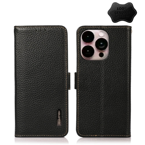 For iPhone 14 Pro Max KHAZNEH Side-Magnetic Litchi Genuine Leather RFID Phone Case (Black)