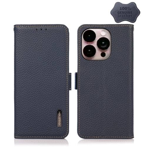 For iPhone 14 Pro Max KHAZNEH Side-Magnetic Litchi Genuine Leather RFID Phone Case (Blue)