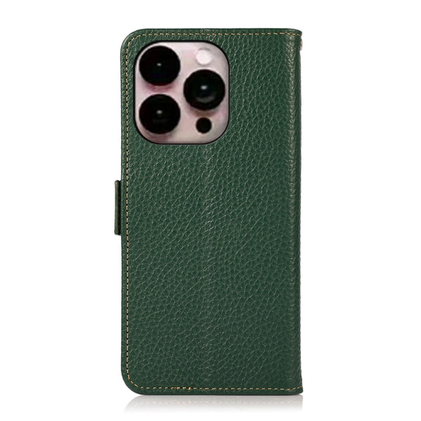 For iPhone 14 Pro Max KHAZNEH Side-Magnetic Litchi Genuine Leather RFID Phone Case (Green)