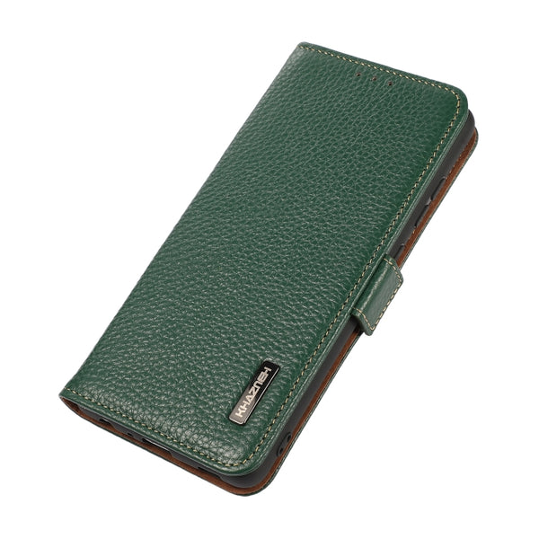 For iPhone 14 Pro Max KHAZNEH Side-Magnetic Litchi Genuine Leather RFID Phone Case (Green)