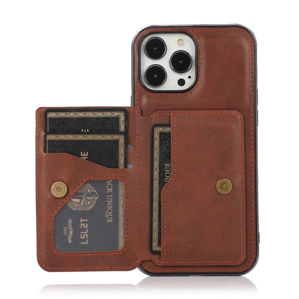 For iPhone 14 Pro Max Calf Texture Magnetic Card Bag Case (Coffee)