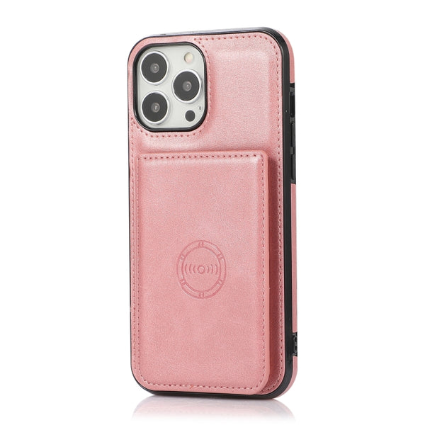 For iPhone 14 Pro Max Calf Texture Magnetic Card Bag Case (Rose Gold)