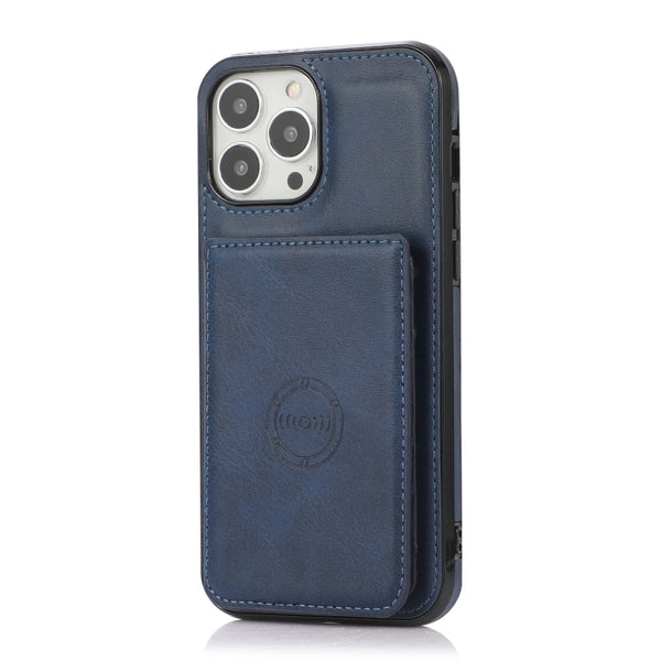 For iPhone 14 Pro Max Calf Texture Magnetic Card Bag Case (Blue)