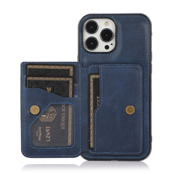 For iPhone 14 Pro Max Calf Texture Magnetic Card Bag Case (Blue)