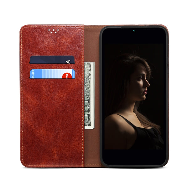 For iPhone 14 Pro Simple Wax Crazy Horse Texture Horizontal Flip Leather Case(Brown)