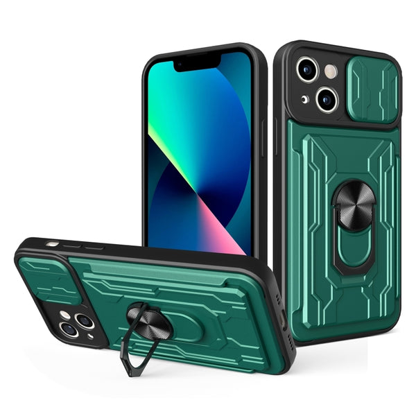For iPhone 14 Plus Lanyard Slide Camshield Card Phone Case (Dark Green)