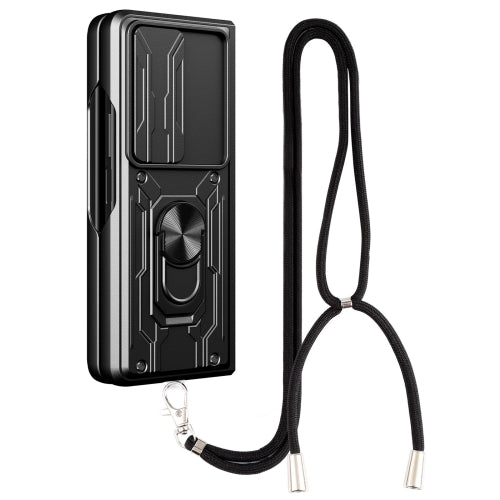 For Samsung Galaxy Z Fold4 Lanyard Slide Camshield Card Phone Case(Black)