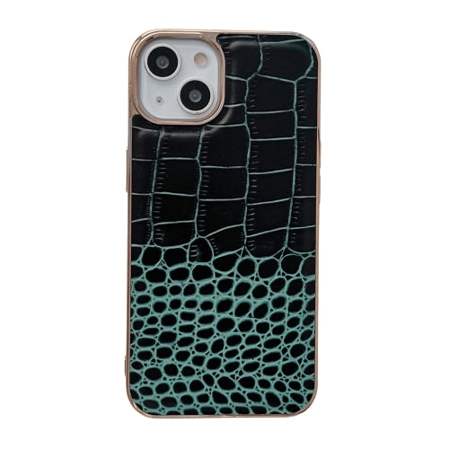 For iPhone 14 Crocodile Texture Genuine Leather Nano Electroplating Phone Case (Dark Green)