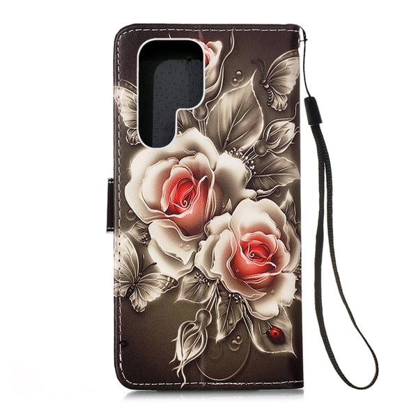 For Samsung Galaxy S23 Ultra 5G Colored Drawing Pattern Plain Weave Leather Phone...(Roses On Black)